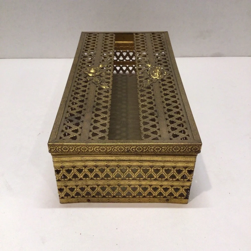 Vintage Brass Tissue Box Holder Gold  Filigree‎ Hollywood Regency Roses